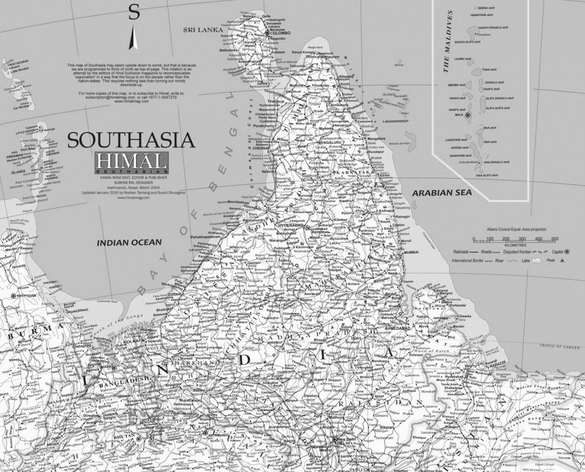 The Right-Side-Up Map of Southasia, designed by Himal Southasian in 1998. Copyright Himal Southasian